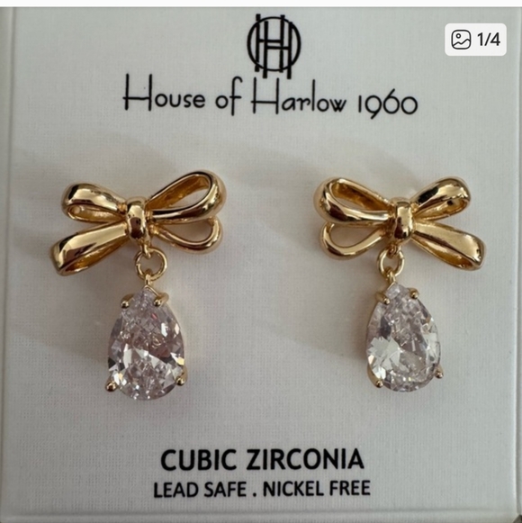 House of Harlow 1960 Jewelry - House of Harlow 1960 Gold Bow Earrings with Clear Zirconia